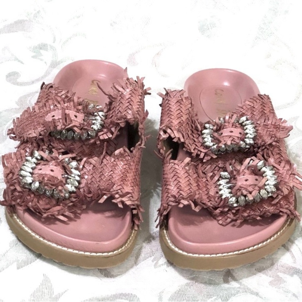 Anthropologie Coral Blue Italian Woven Leather Jeweled Footbed Buckle Sandal 8.5 - Picture 7 of 14